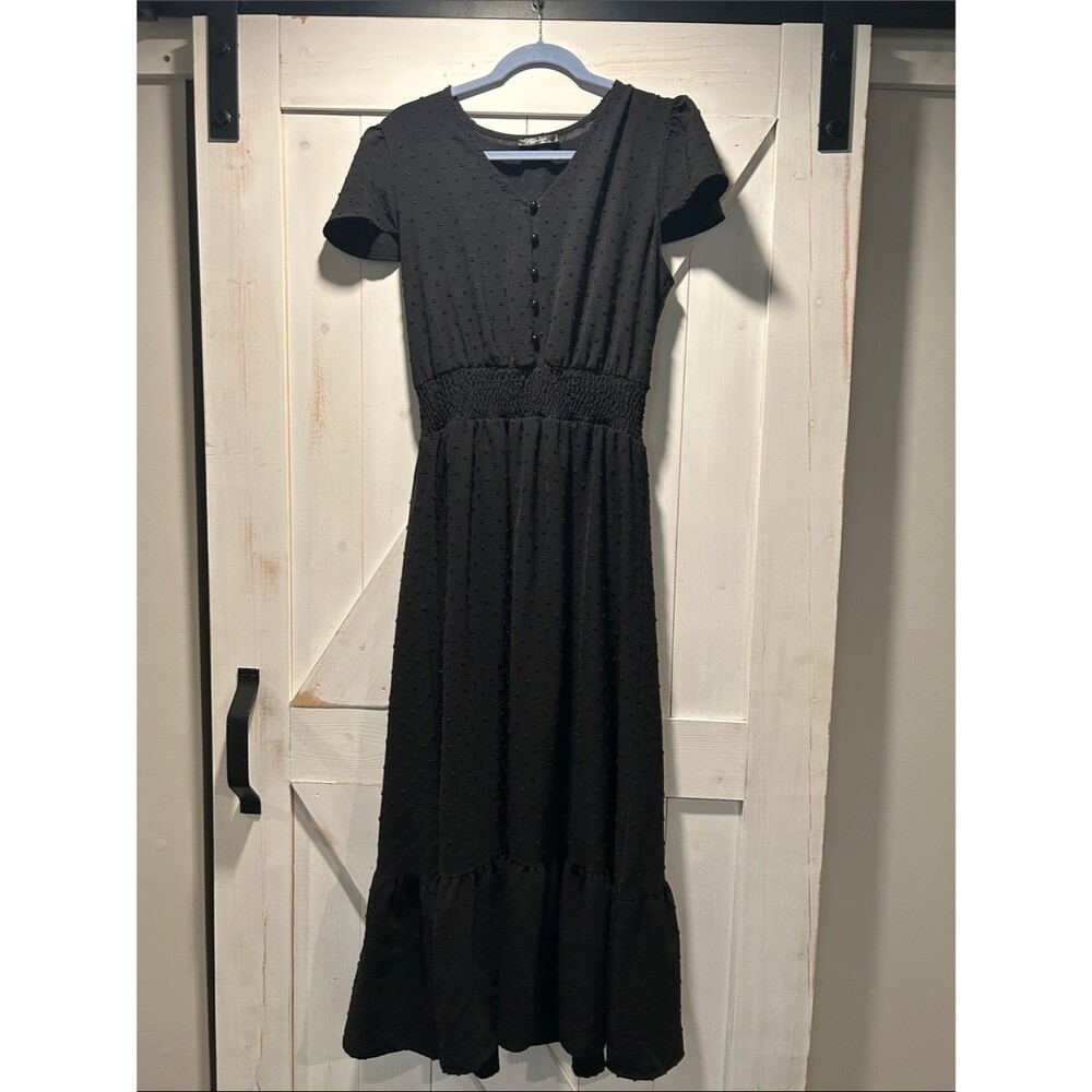 Amazon Fashion Smocked-Waist Black Maxi Dress with Ruffle Hem Large